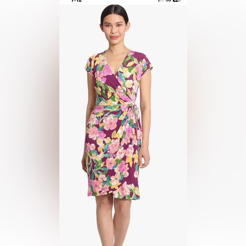 NWT Maggy London Womens Floral V-Neck Daytime Wrap Dress Berry Pink Size 6